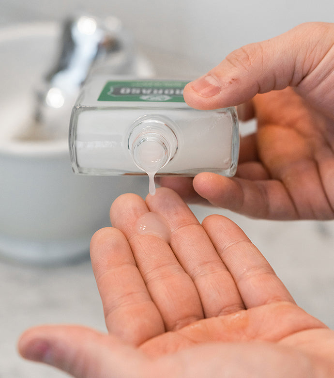 Proraso Cypress & Vetyver Beard Balm being poured into palm of hand.