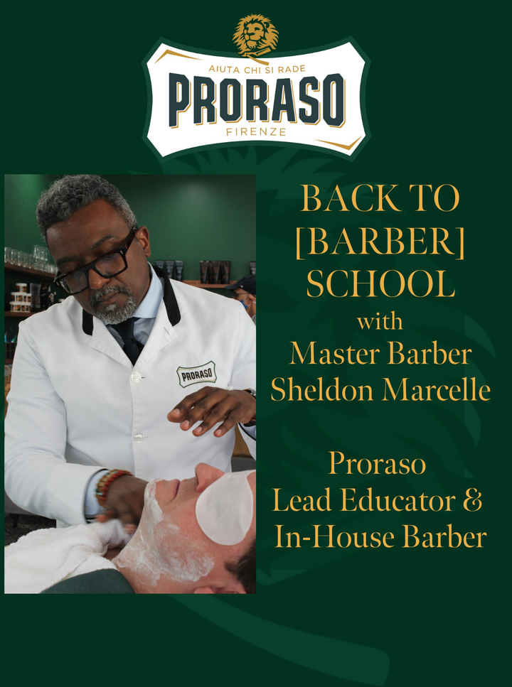 Image of Proraso Master Barber and Lead Educator giving a client a straight razor shave in a chair