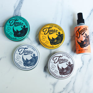 Tenax lineup: Sea Salt Spray, Matte Pomade, Clay Pomade, Strong Shine Pomade, Ultra Strong Shine Pomade